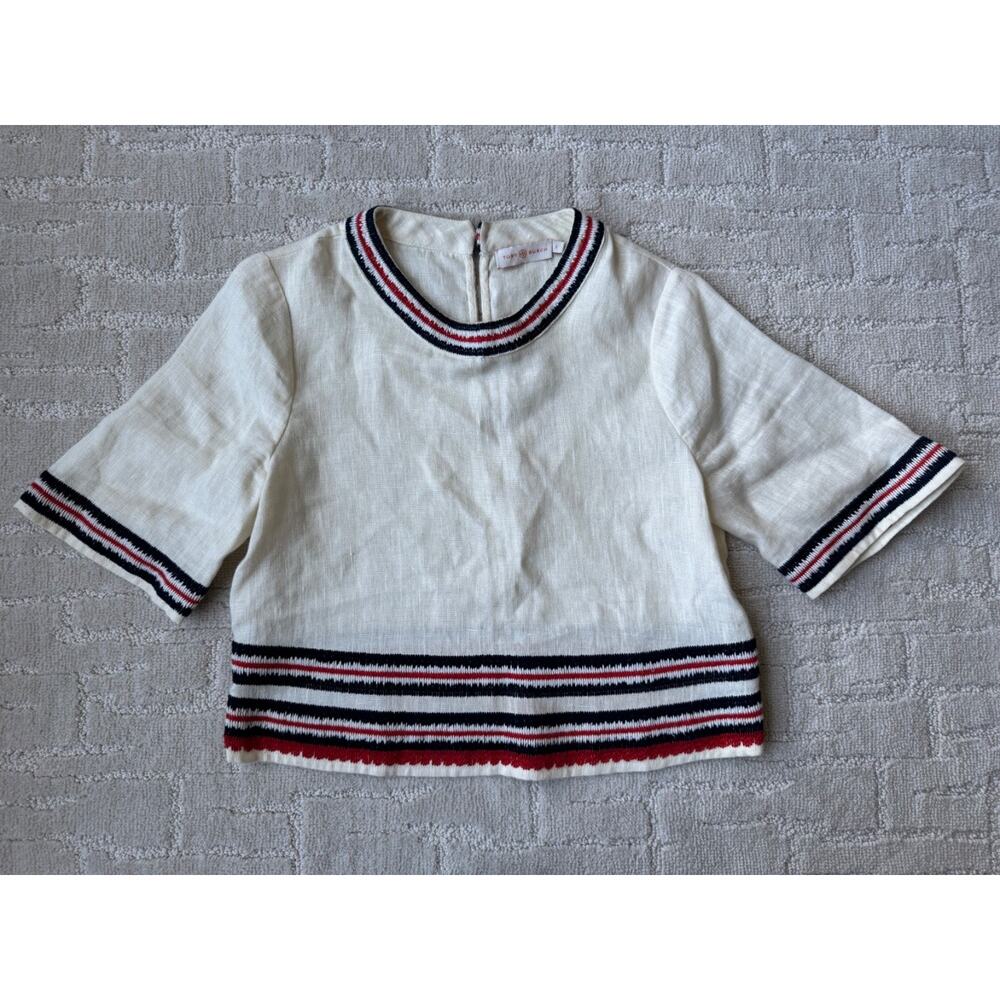 Tory Burch Florentina Linen Top Ivory Embroidered Boat